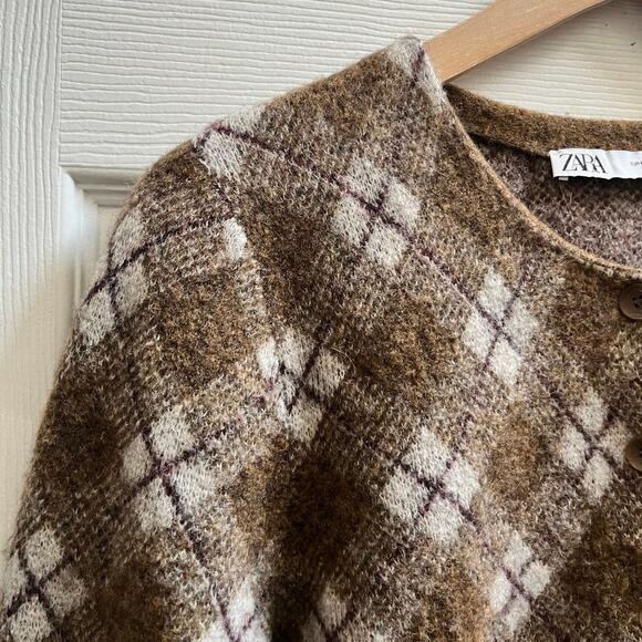 Zara Brown Wool Blend Argyle Print Crew Neck Cropped Cardigan Medium Academia - Picture 6 of 11
